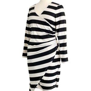 Eloquii 3/4 Sleeve V-Neck Faux Wrap Black White Wide Striped Jersey Dress Sz 18